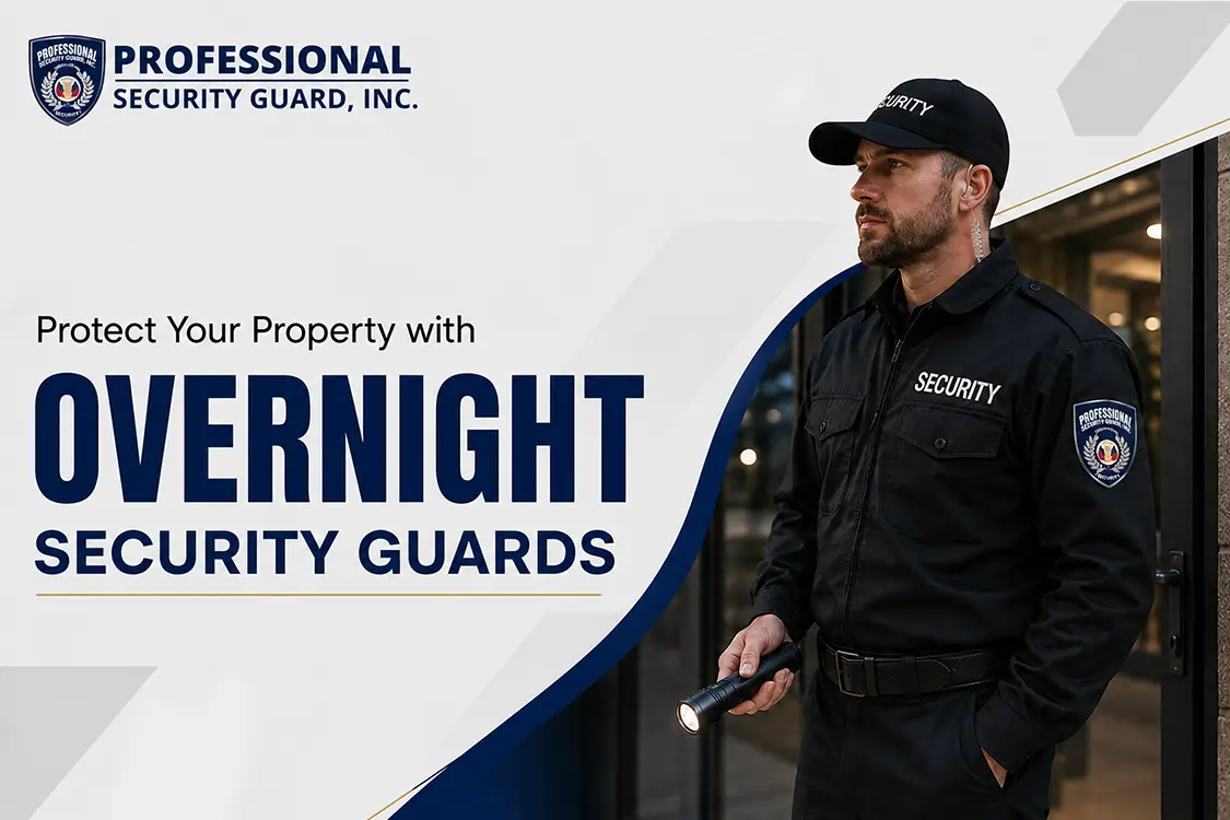 Overnight security guard checking access at a business entrance